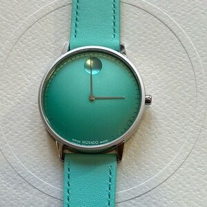 Movado Face Watch With 41mm Teal Green Face With Hue & Light Teal Leather Band